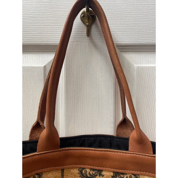 Large Tapestry Tote Bag Tan Palm Tree Print Brown‎ Leather Trim Beach Travel - Picture 4 of 6